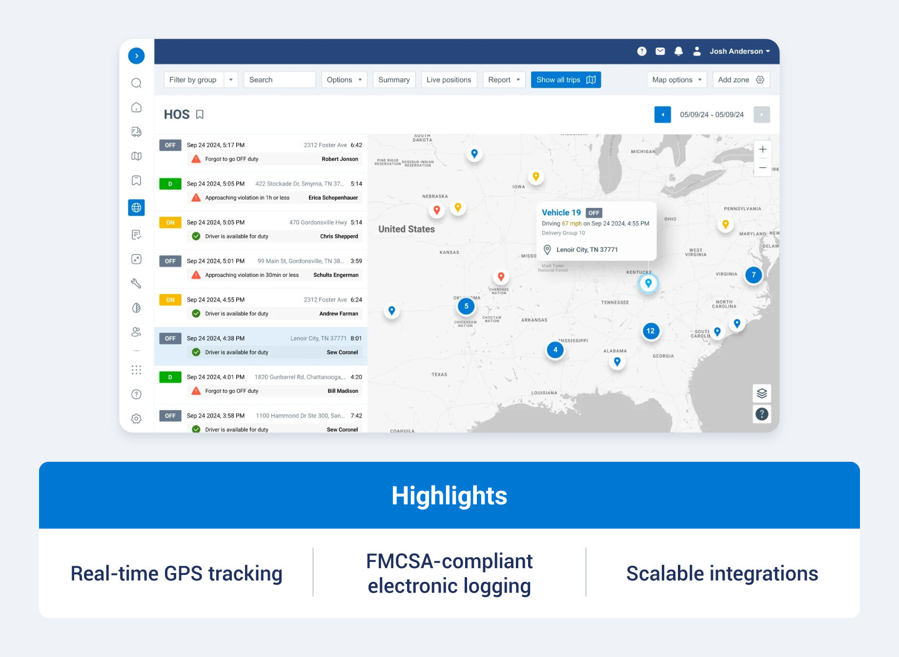 Geotab ELD dashboard with highlights like FMCSA-compliant electronic logging, real-time GPS tracking, scalable integrations 
